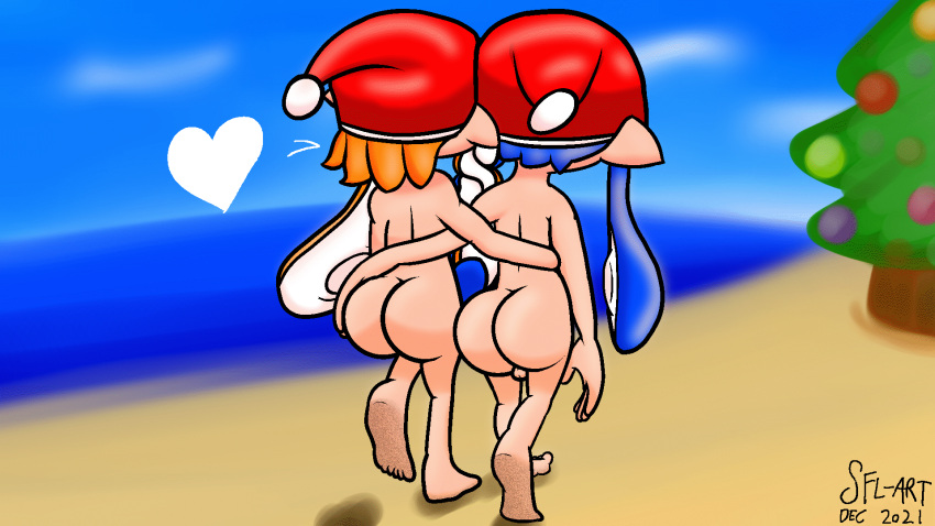 2021 ass barefoot beach christmas christmas_tree female heart huge_ass inkling inkling_boy inkling_girl male nintendo nude penis santa_hat sfl-art splatoon