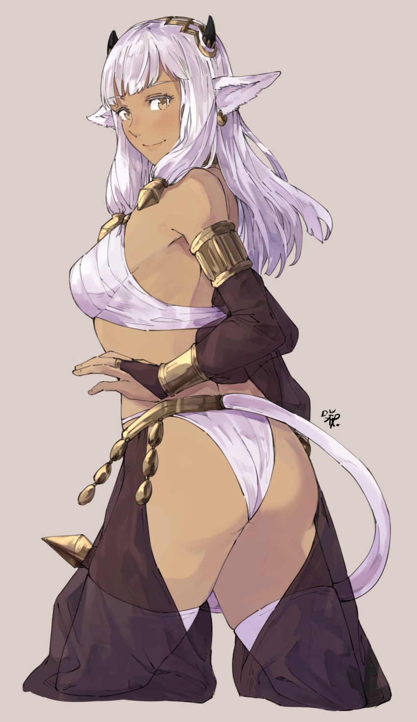 1girls absurdres alternate_costume animal_ears ash_(fire_emblem) ass belly_dancer belly_dancer_outfit big_ass black_horns blush bridal_gauntlets brown_eyes closed_mouth commentary cosplay cow_ears cow_girl cow_horns cow_tail cropped_legs dancer dark-skinned_female dark_skin detached_sleeves ear_piercing english_commentary eyebrows_visible_through_hair female female_only fire_emblem fire_emblem_awakening fire_emblem_heroes grey_background hair_ornament harem_pants highres horns jewelry long_hair looking_at_viewer midriff nintendo olivia_(fire_emblem)_(cosplay) pants piercing revealing_clothes sakuremi see-through see-through_sleeves sidelocks signature simple_background smile solo tail thighhighs tiara white_hair white_legwear