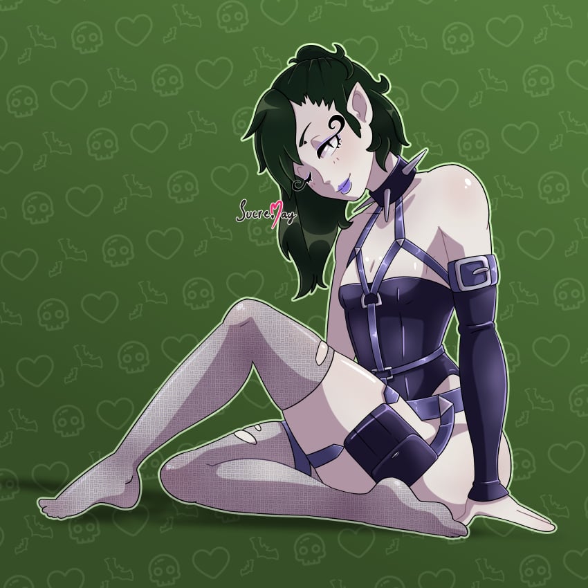 belt elf_ears flat_chest flat_chested full_body goth goth_girl gothic green_hair leotard long_hair mesh_clothing patreon pointy_ears sucremay