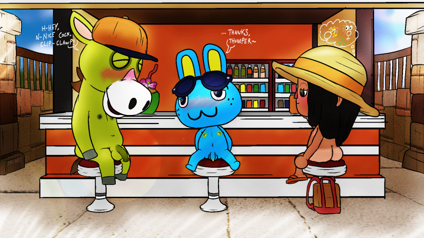 1girls 2boys animal_crossing bar black_hair blue_fur blush bunny clyde_(animal_crossing) drunk english_text female furry hat hopkins_(animal_crossing) horse horsecock male nintendo nude sfl-art small_penis sunglasses villager_(animal_crossing)