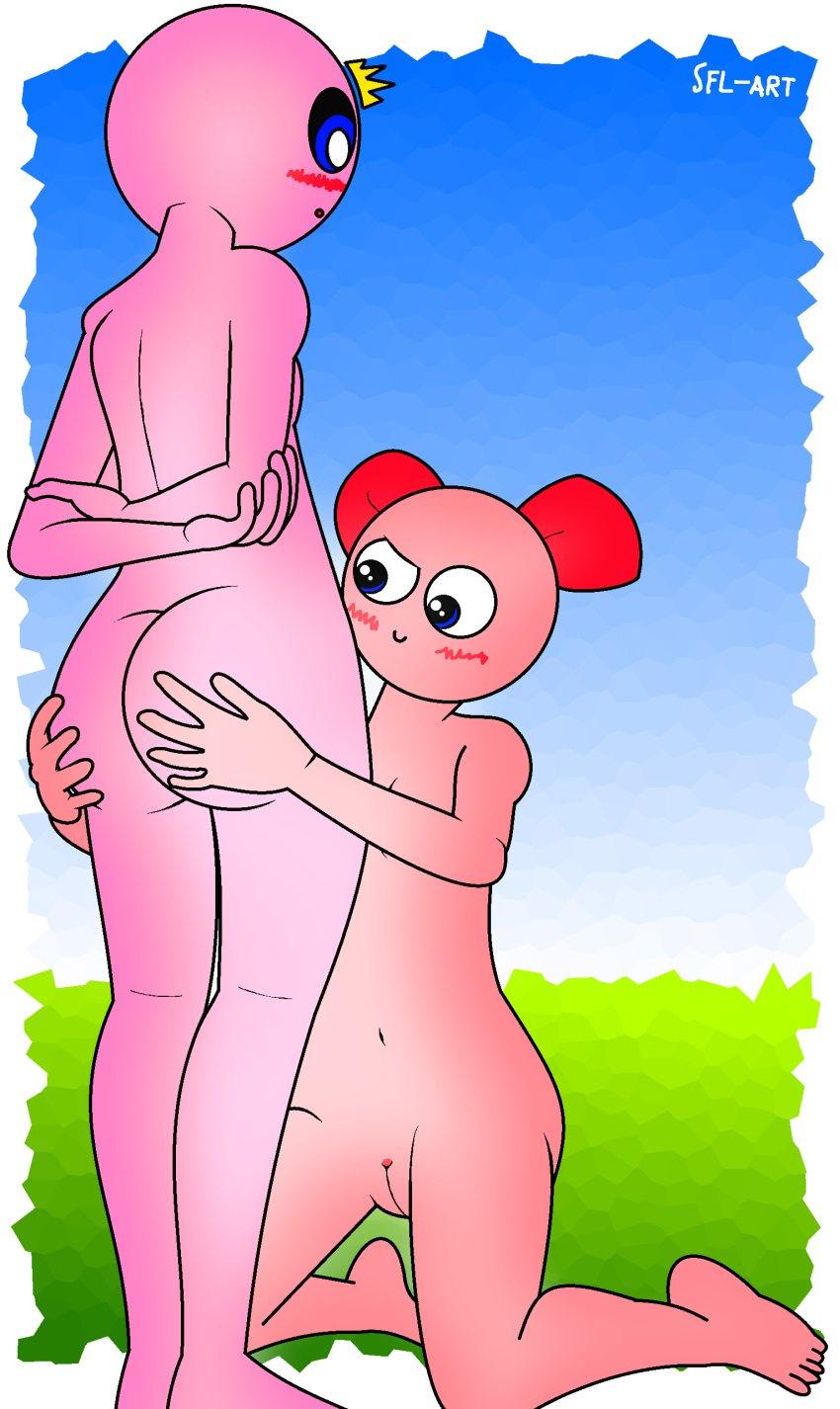 1boy 1girls anthrofied ass blue_eyes blush chuchu_(kirby) kirby kirby_(series) nintendo pink_skin pussy sfl-art shock smile transparent_background