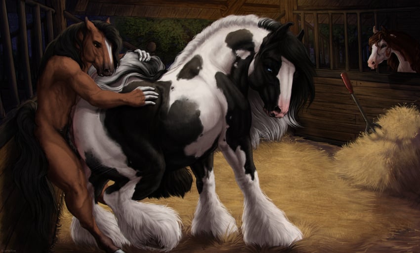 1boy 1girls 2022 anthro anthro_on_feral barn black_body bodily_fluids brown_body david_(jazzeh) digital_drawing_(artwork) digital_media_(artwork) dominant dominant_female draft_horse duo equid equine feathering female female_penetrated feral fur genital_fluids gypsy_vanner hi_res horse horsecock horsepussy inside male male/female male_on_feral male_penetrating male_penetrating_female mammal night nude onlookers penetration scarlanya sex straight straight_sex vaginal_penetration vaginal_sex white_body zoophilia