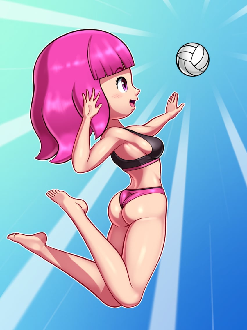 ass athletic athletic_female blush bra breasts butt eyebrows_visible_through_hair female female_focus female_only hi_res highres jumping light-skinned_female light_skin medium_breasts mostly_nude nintendo nintendo_switch_sports open_mouth open_smile panties pink_eyes pink_hair png short_hair side_view sideboob simple_background sleepiitreat smile smiling solo solo_female solo_focus sports_bra sportsmate sportswear switch_sports thighs toned toned_female video_games volleyball