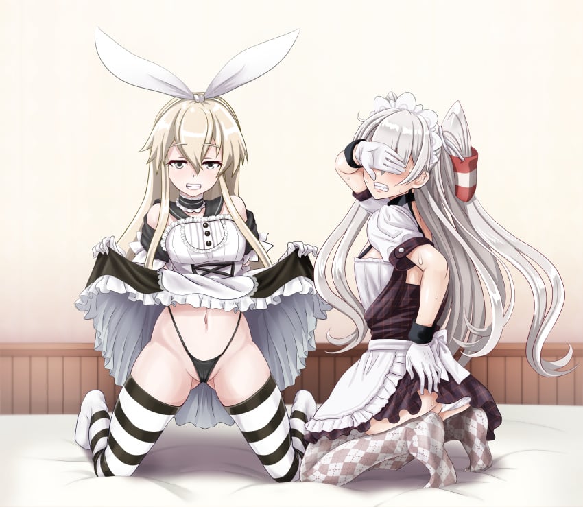 2girls absurdres alternate_costume amatsukaze_(kantai_collection) apron ass black_panties blonde_hair breasts clothes_lift covering_eyes dress dress_lift enmaided gloves grey_eyes grey_hair hair_tubes hairband highleg highleg_panties highres kantai_collection lifted_by_self long_hair maid maid_apron maid_headdress multiple_girls navel panties shimakaze_(kantai_collection) short_dress short_sleeves small_breasts striped striped_legwear thighhighs thong tk8d32 two_side_up underwear waist_apron white_apron white_gloves white_hairband white_panties