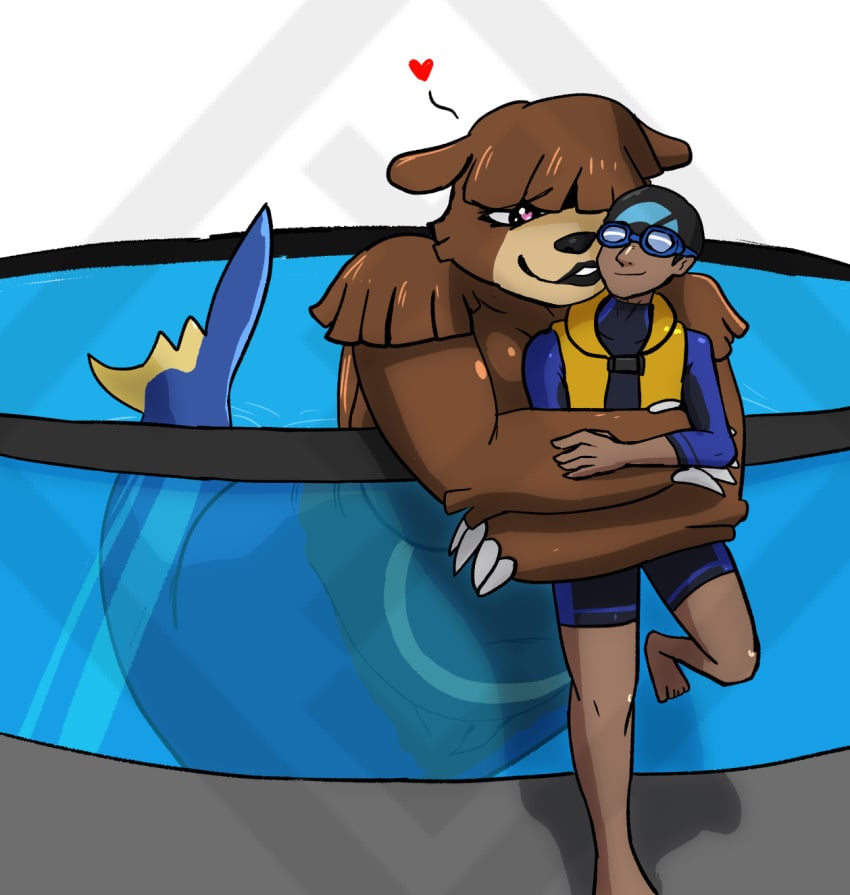 <3_eyes against_surface anthro barefoot bear_claws bear_hug bearhug big_breasts black_nose blue_body blue_scales breasts brown_body brown_fur claws clothed clothing diamond_grenadier duo embrace eyewear feet female fur genitals goggles heart hi_res hug human lanturn lips male male/female mammal marine merfolk mermaid_tail nintendo not_furry nude on_glass pokémon_(species) pokémon_trainer pokemon pool_(disambiguation) pussy safety_vest scales split_form swimming_cap swimming_goggles swimwear topwear ursaring ursid vest video_games water