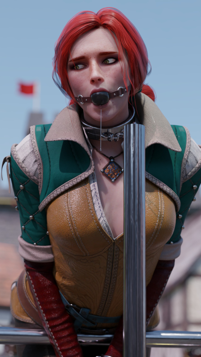 1girls 3d ball_gag bondage bound cd_projekt_red clothed_bondage collar drool drool_string drooling female female_only femsub fully_clothed gag gagged metal_collar restrained rindekey the_witcher the_witcher_(series) the_witcher_3:_wild_hunt triss_merigold