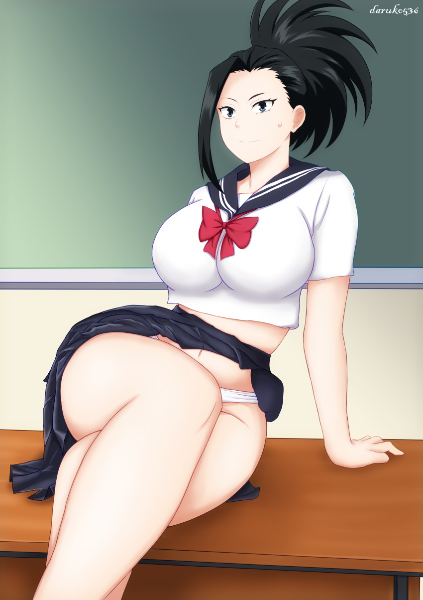 1girls artist_name big_breasts big_legs black_eyes black_hair calves chalkboard crossed_legs dark_eyes dark_hair daruko536 looking_at_viewer momo_yaoyorozu my_hero_academia pale-skinned_female pale_skin panties presenting presenting_legs presenting_thighs red_ribbon ribbon sailor_collar sailor_uniform school school_desk school_uniform schoolgirl seductive seductive_pose showing_off showing_panties sitting skirt skirt_up sweat sweatdrop table thick_thighs thighs tight_clothing tights underwear white_panties white_skin wide_hips wide_thighs