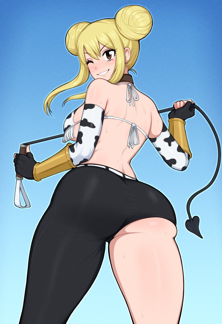 1girls afrobull ass ass_focus big_ass blonde_hair brown_eyes cow_girl cow_print cute fairy_tail huge_ass leggings lucy_heartfilia pout thick_thighs