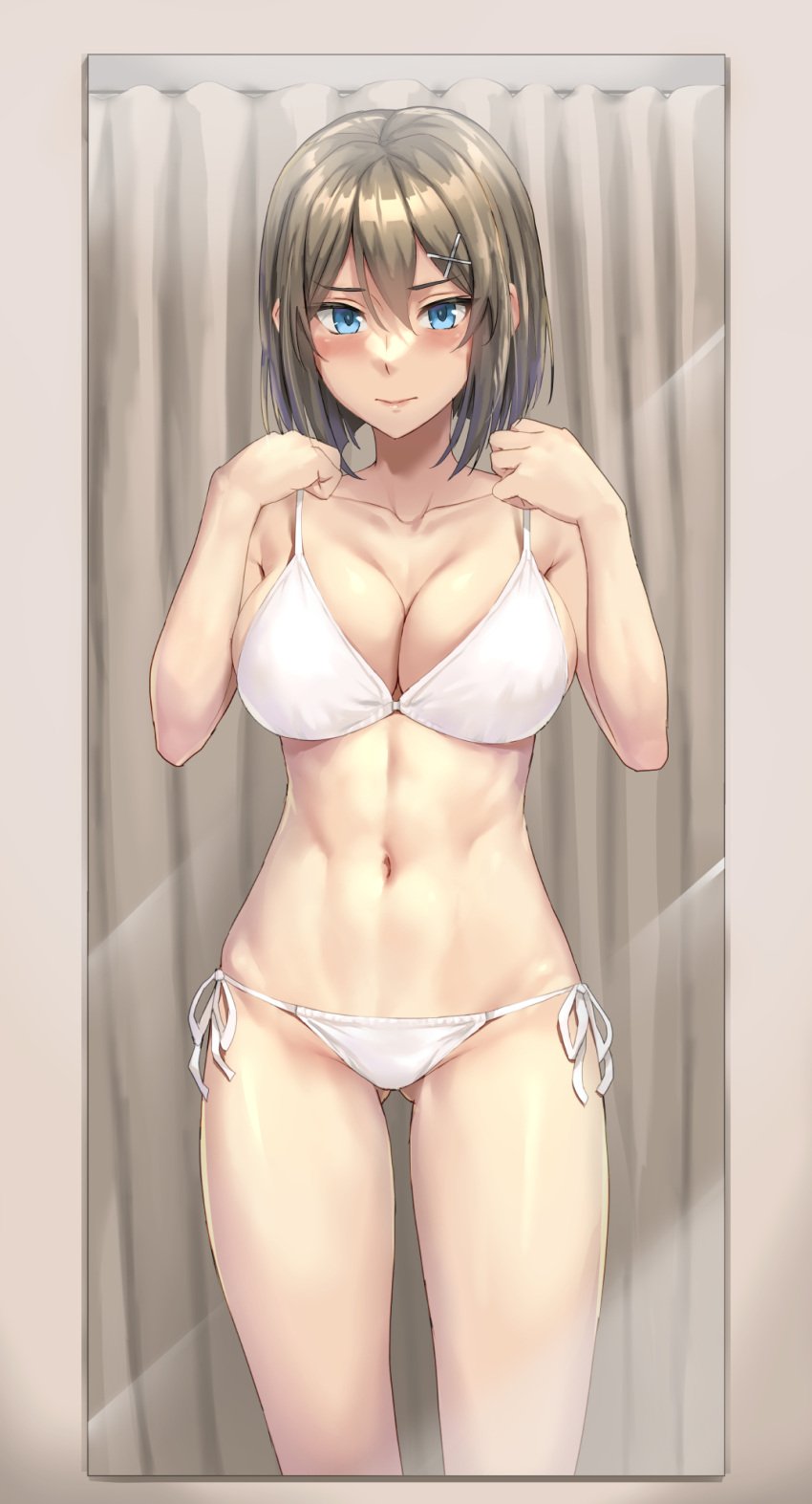 ass_visible_through_thighs bare_arms bare_legs bare_shoulders bikini blue_eyes blush breasts brown_hair cleavage closed_mouth collarbone eyebrows_visible_through_hair female hair_between_eyes hair_ornament highres kantai_collection kokuzou large_breasts maya_(kantai_collection) mirror navel short_hair solo swimsuit white_bikini x_hair_ornament