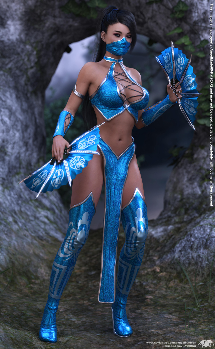 1girls 3d angelblade69 black_hair blue_eyes boob_window facemask fit_female kitana kitana_(mk9) large_breasts loincloth long_hair looking_at_viewer mortal_kombat mortal_kombat_(2011) revealing_clothes thighhighs voluptuous war_fan