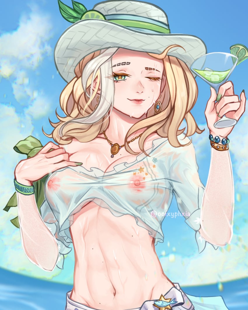 2d 2d_(artwork) big_breasts blonde_hair breasts demi_bourbon identity_v looking_at_viewer midriff nipples nipples_visible_through_clothing oofxyphxia pale-skinned_female smile solo solo_female solo_focus wet wet_clothes wink