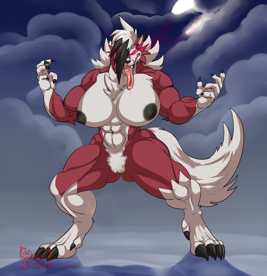 anthro canid canine canis edit female fur furry furry_only genderswap genderswap_(mtf) hungothenomster lycanroc mane midnight_lycanroc nintendo pokémon_(species) pokemon pussy red_eyes red_fur redraw rule_63 tail thick_thighs third-party_edit werewolf wide_hips wolf