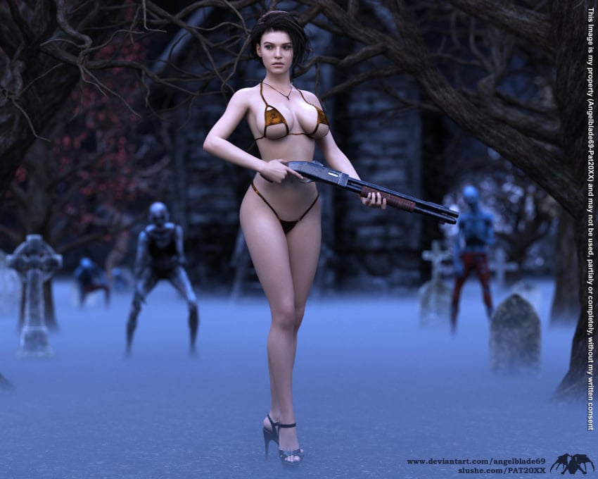 1girls 3d angelblade69 bikini brown_hair capcom casual female female_focus firearm footwear gun high_heels holding_gun holding_weapon human jill_valentine jill_valentine_(sasha_zotova) large_breasts necklace pale_skin panties resident_evil resident_evil_3 resident_evil_3_remake short_hair shotgun snow swimsuit swimwear weapon zombie