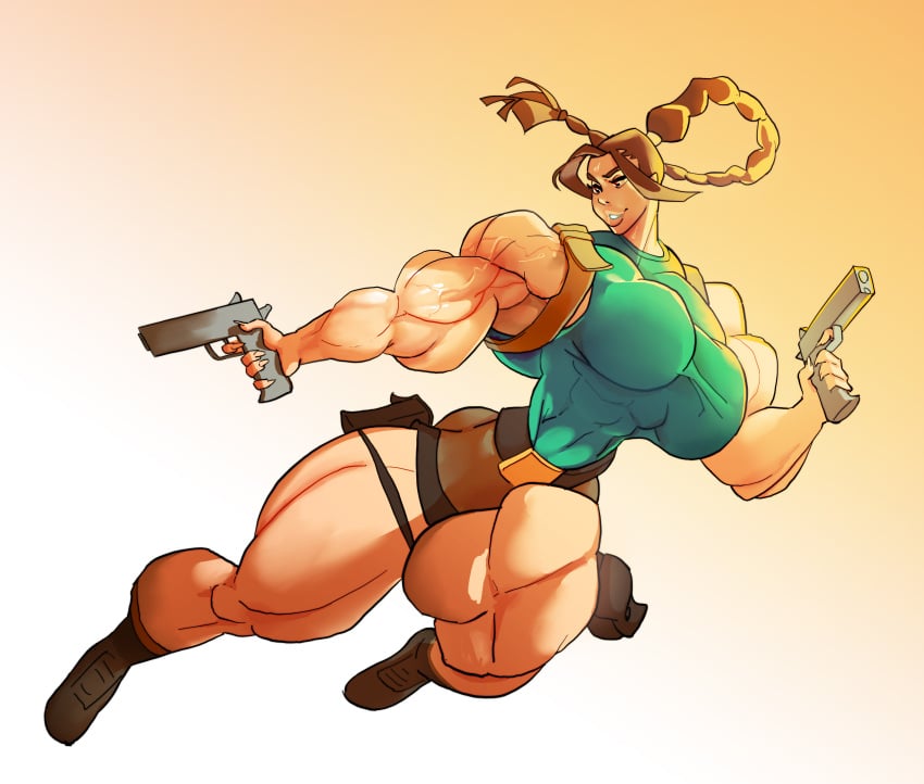 bag belt embracer_group female firearm footwear handgun human hyper hyper_muscles lara_croft lara_croft_(classic) muscular_arms muscular_female muscular_legs pale_skin tomb_raider weapon what_a_mass!