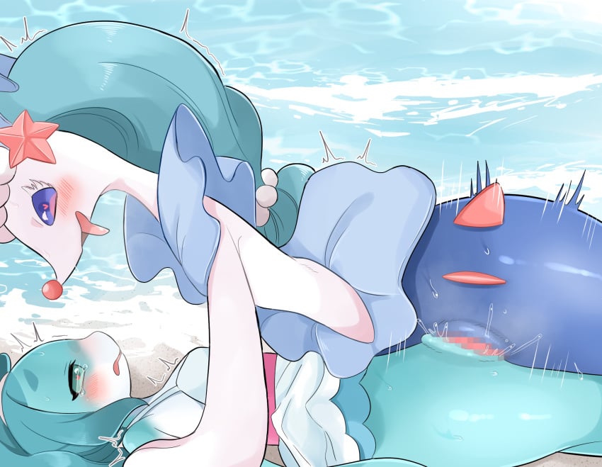 <3_eyes anthro beach blue_body blue_hair blush brand_new_animal censored cetacean clothed clothing delphinoid duo female feral from_front_position genitals hair heart hi_res lying male male/female male_on_top mammal marine missionary_position mosaic_censoring motion_lines nina_flip nintendo on_back on_top open_mouth penetration penis pinned pokémon_(species) pokemon primarina prrrrrrmine pussy sand seaside sex staring_into_eyes studio_trigger tongue tongue_out toothed_whale vaginal_penetration video_games water