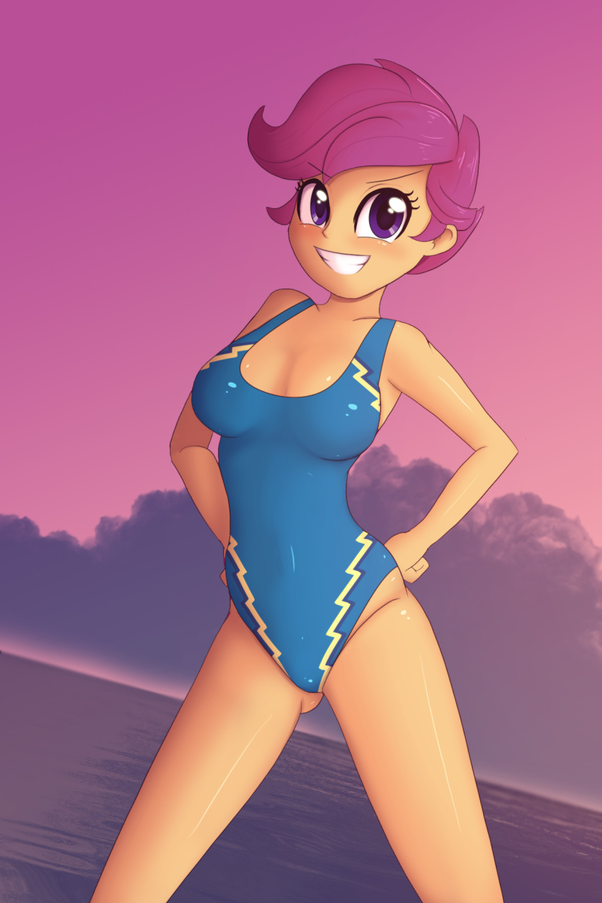 1girls aged_up artist_signature ass_visible_through_thighs breasts cleavage equestria_girls female female_only friendship_is_magic hands_on_hips hasbro looking_at_viewer my_little_pony one-piece_swimsuit scootaloo_(eg) scootaloo_(mlp) signature smiling smiling_at_viewer smooth_skin solo solo_female swimsuit swimwear thighs zelc-face