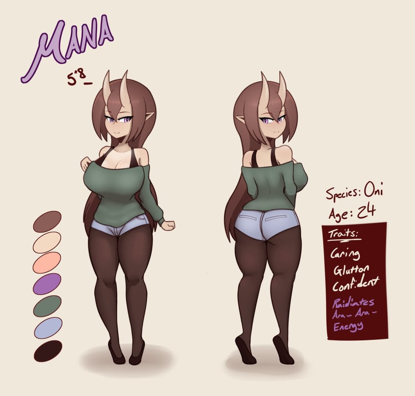 1girls 2020 brown_hair character_sheet clothing color_swatch english_text female female_only florazarts hi_res light-skinned_female light_skin long_hair looking_at_viewer mana_(florazarts) oni oni_horns pantyhose pointy_ears purple_eyes simple_background smiling smiling_at_viewer solo solo_female