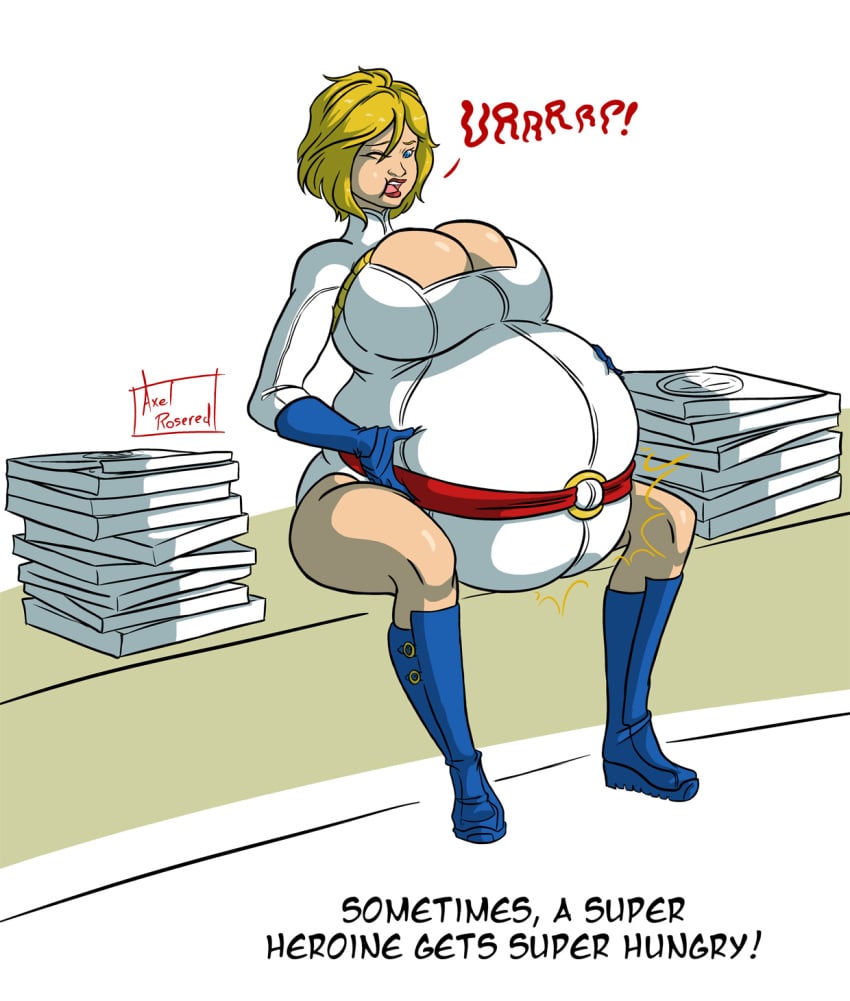 1girls axel-rosered belly belly_stuffing big_belly big_breasts bloated bloated_belly blonde_hair breasts burp burping cleavage cleavage_cutout dc dc_comics female hand_on_belly huge_breasts large_belly overeating power_girl stuffed stuffed_belly