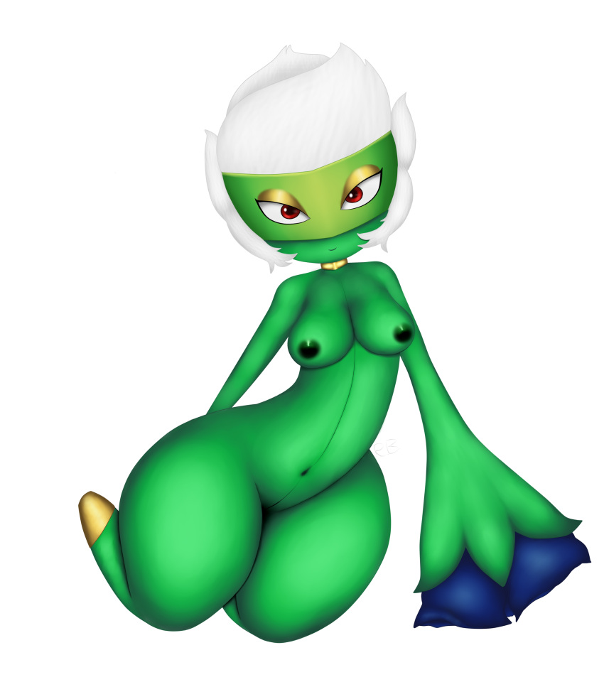 female green_skin large_breasts lying_on_side pokemon pokemon_dppt red_eyes redbenjamin roserade smile solo white_hair wide_hips