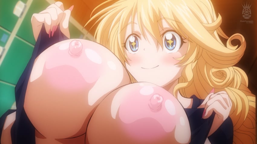 16:9_aspect_ratio areolae blonde_hair blue_eyes breasts breasts_out_of_clothes female fhd fingernails hd hd_(traditional) hentai high_resolution huge_breasts large_areolae long_fingernails nail_polish nipples pink_pineapple sandy_bash screen_capture screencap screenshot seven_(animation_studio) suketto_sanjou!! suketto_sanjou!!_the_animation