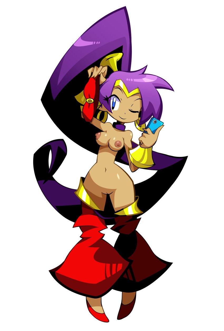 1girls accurate_art_style areolae blue_eyes breasts exposed_breasts exposed_pussy genie genie_girl holding_topwear looking_at_viewer navel nipples niyuyu nude nude_female partially_clothed phone purple_hair pussy shantae shantae:_half-genie_hero shantae_(character) smile smooth_skin solo stripping style_emulation style_parody tan_skin topless undressing wide_hips wink