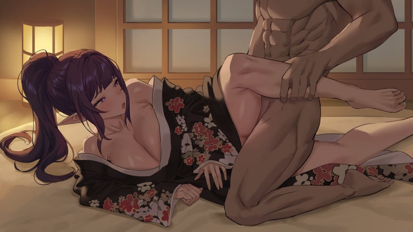 1boy arisa_(kkamja) black_kimono breasts cleavage clothed_female_nude_male elf female indoors japanese_clothes kimono kkamja large_breasts male_human/female_elf nude original ponytail purple_hair sex short_hair straight