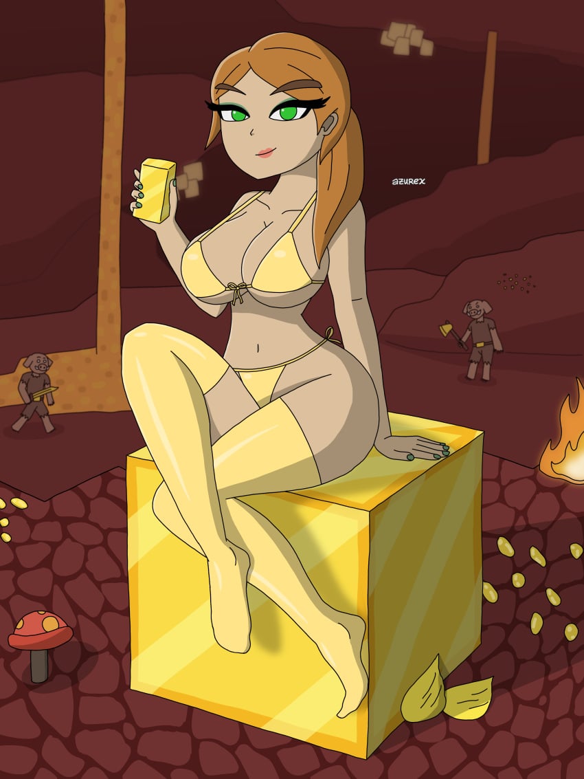 alex_(minecraft) alternate_version_available azurexarts bedroom_eyes bikini bra female female_only gloves gold golden green_eyes hourglass_figure minecraft nether nude orange_hair panties stockings thick_thighs thighhighs