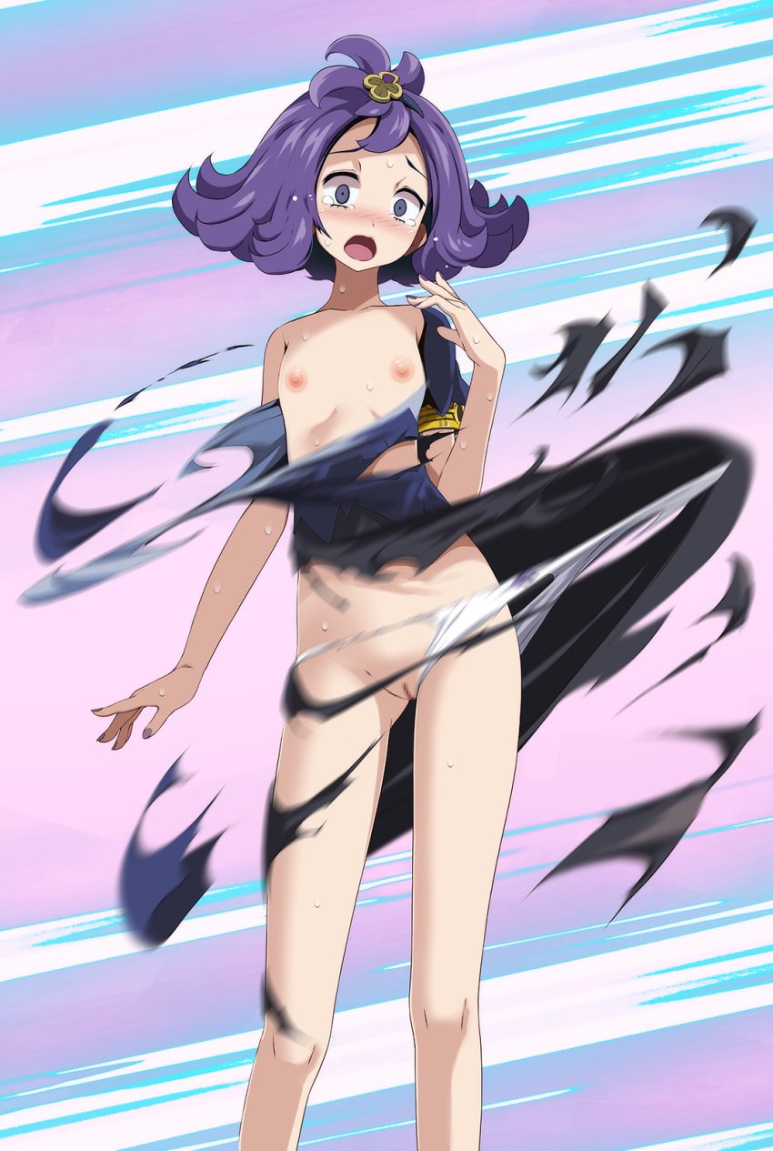 2022 acerola_(pokemon) armlet bare_legs blush censored collarbone elite_four embarrassed female flat_chest game_freak hair_ornament highres long_hair looking_at_viewer mosaic_censoring nail_polish nintendo nipples open_mouth panties pokemon pokemon_(game) pokemon_sm purple_eyes purple_hair purple_nails pussy shiny shiny_hair short_sleeves solo standing sweatdrop tearing_up tears torn_clothes trial_captain tsukishiro_saika underwear white_panties