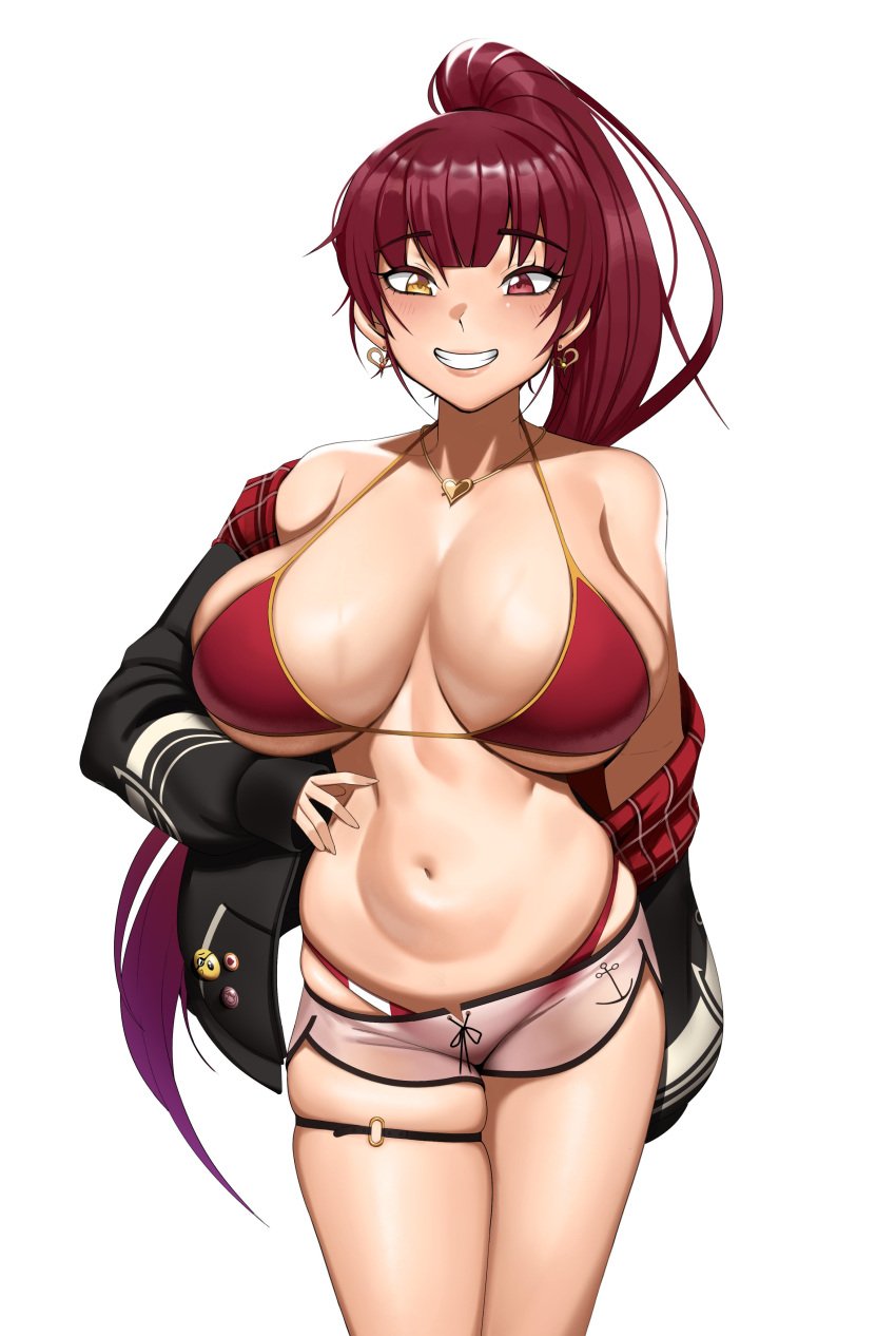 1girls 2022 bikini bikini_top booty_shorts dolphin_shorts female female_only hand_on_hip heterochromia hi_res hips hololive hololive_fantasy hololive_japan houshou_marine jacket jacket_off_one_shoulder kevbot long_hair looking_at_viewer red_bikini red_eyes red_hair short_shorts shorts skindentation slim_waist smile thick_thighs thigh_strap thighs virtual_youtuber white_background wide_hips yellow_eyes