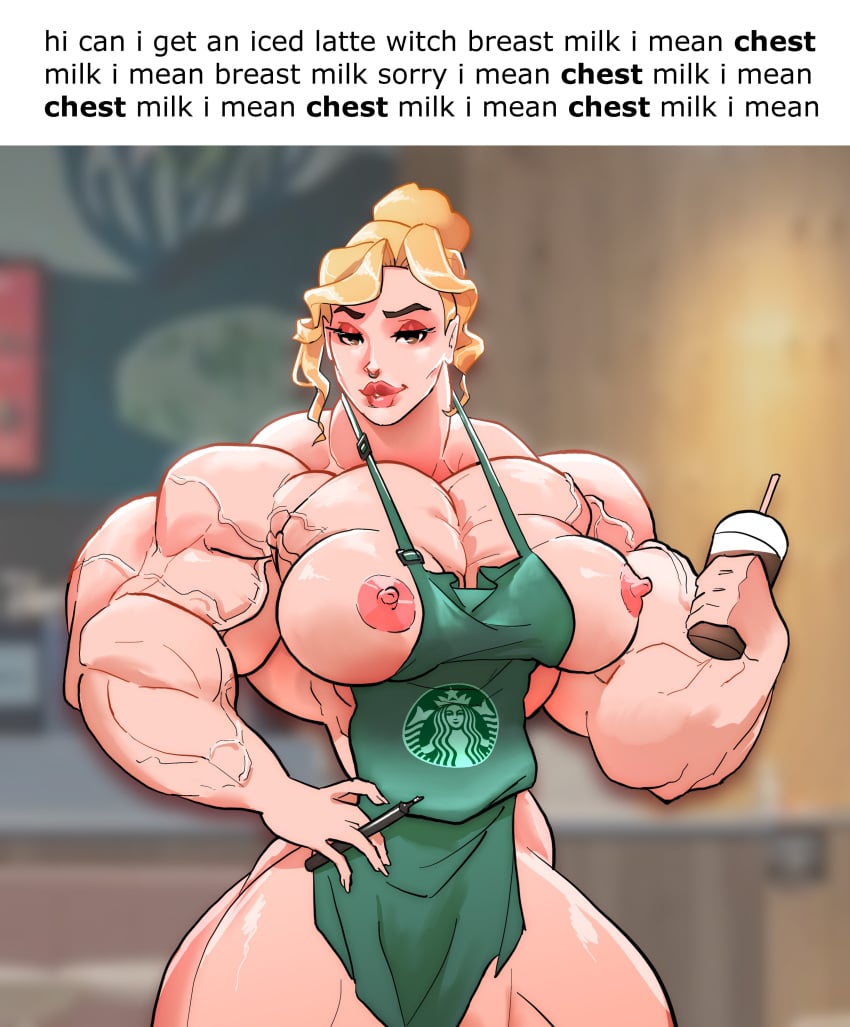 1girls barista big_breasts big_muscles coffee_mug female huge_breasts muscular_arms muscular_female muscular_thighs starbucks tagme what_a_mass!