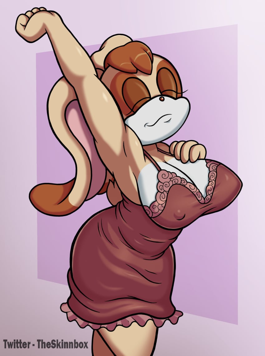 1girls absurd_res anthro big_breasts breasts brown_body brown_fur brown_hair closed_eyes female fully_clothed furry hi_res milf nightgown nipple_bulge rabbit simple_background skinnbox solo sonic_(series) standing stretching text twitter_username vanilla_the_rabbit