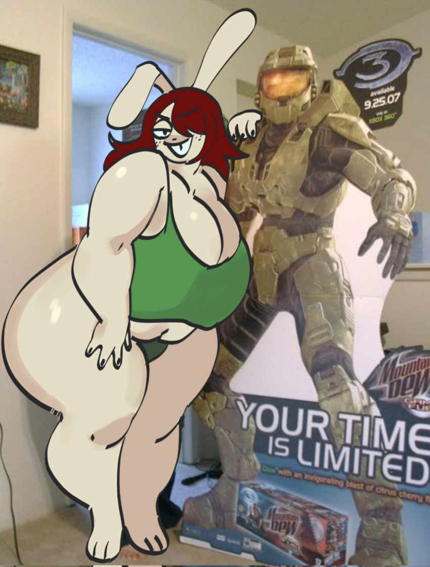 1girls anthro ass bedroom big_ass big_breasts bra breasts cardboard cardboard_cutout chubby chubby_female chubbybunns cleavage clothed clothing cutout female female_only freckles fur furry halo_(series) hi_res huge_ass huge_breasts large_breasts looking_at_viewer master_chief meg_(chubbybunns) original panties rabbit red_hair room smile smug solo thick_thighs wide_hips