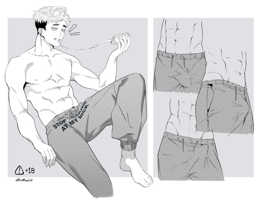 1boy abs atsumu_miya english_text erection erection_under_clothes haikyuu!! male male_only monochrome muscular solo text torotre