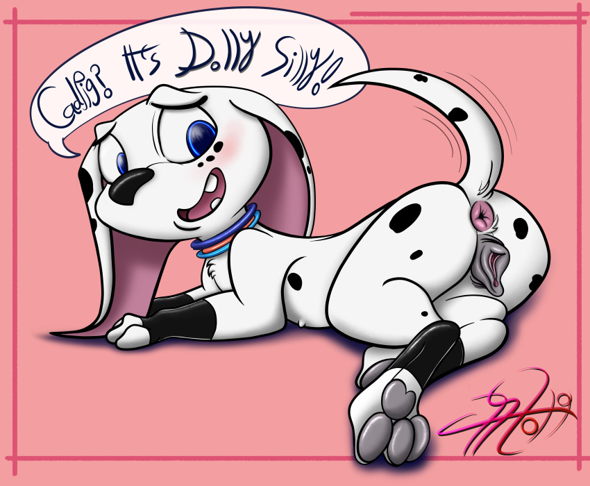 101_dalmatians anatomically_correct anatomically_correct_genitalia anatomically_correct_pussy anthro anus blue_eyes blush cadpig calligraphy canine dalmatian english_text female feral furry lobofeo open_mouth pawpads solo tail white_fur