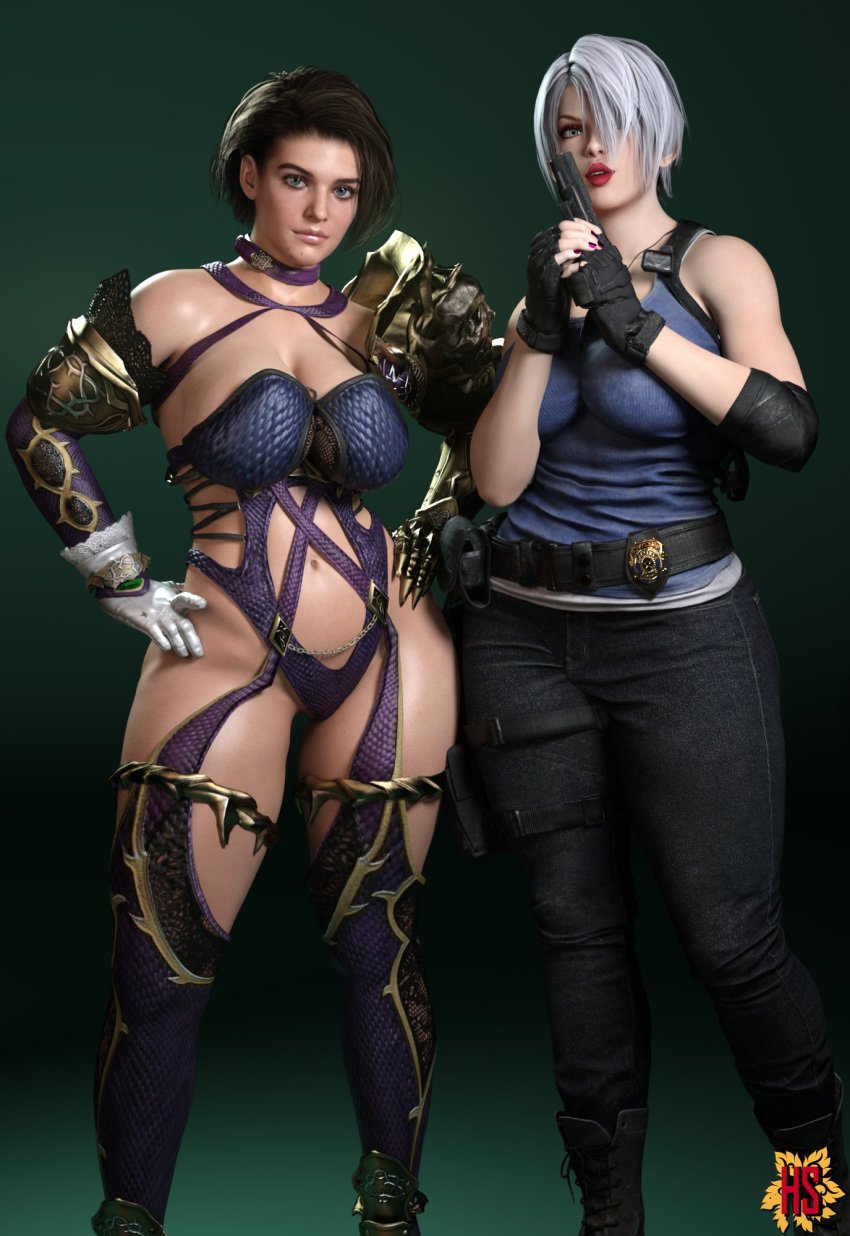 2girls 3d big_breasts capcom clothing_swap cosplay crossover crossover_cosplay female female_only hagiwara_studio human human_only isabella_valentine isabella_valentine_(cosplay) jill_valentine jill_valentine_(sasha_zotova) light-skinned_female light_skin resident_evil resident_evil_3 resident_evil_3_remake s.t.a.r.s soul_calibur tagme thick_thighs wide_hips