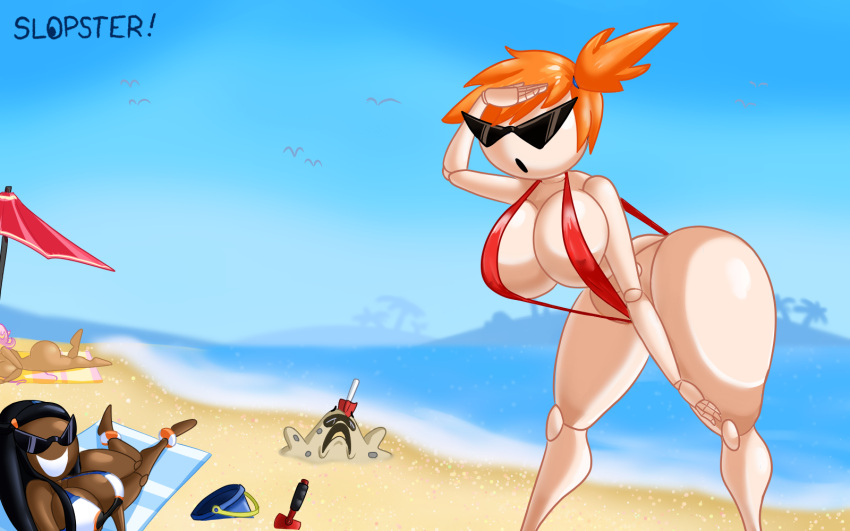 alternate_breast_size big_ass big_breasts huge_ass huge_breasts kasumi_(pokemon) knick_knack nessa_(pokemon) nintendo one-piece_swimsuit permanent_smile pokemon pokemon_rgby pokemon_ss sandygast slopster! sunglasses sunnification