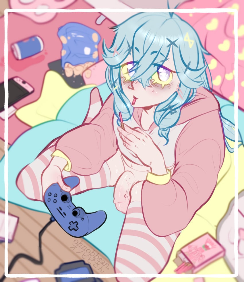 blue_hair clothed clothing controller cute_eyes femboy footwear game_controller gaming girly hair hi_res male no_underwear ohnobbsan pinup playing_videogame pose socks solo