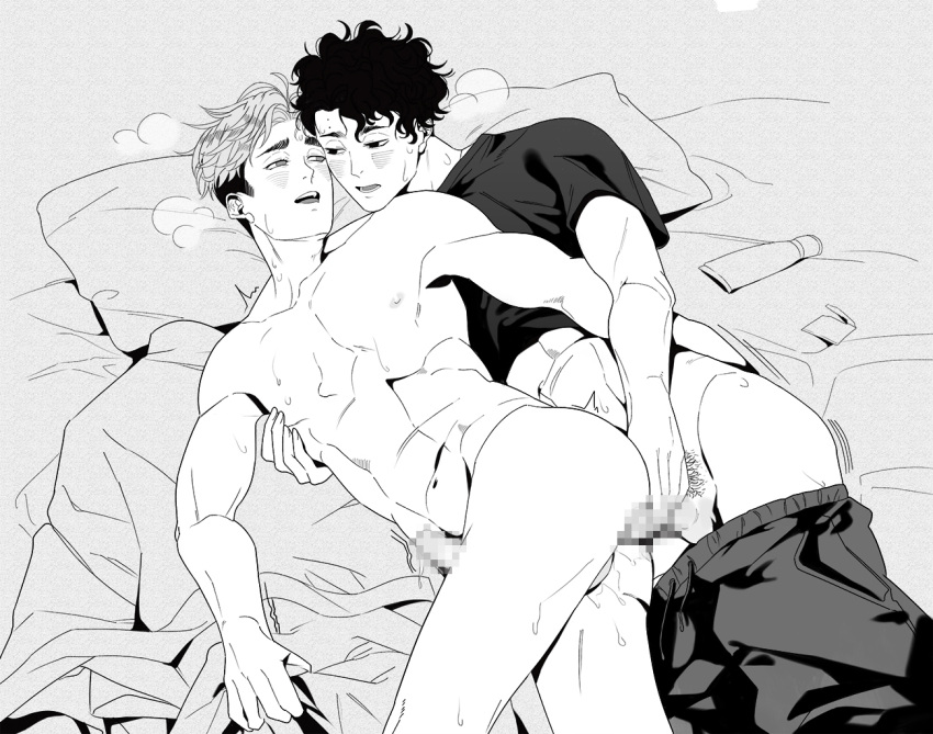 2boys anal anal_juice atsumu_miya balls bed bedroom blush bodily_fluids censored from_behind gay haikyuu!! heavy_breathing looking_at_another male male/male male_only monochrome mosaic_censoring on_back on_side penis sakusa_kiyoomi sweat torotre visible_breath yaoi