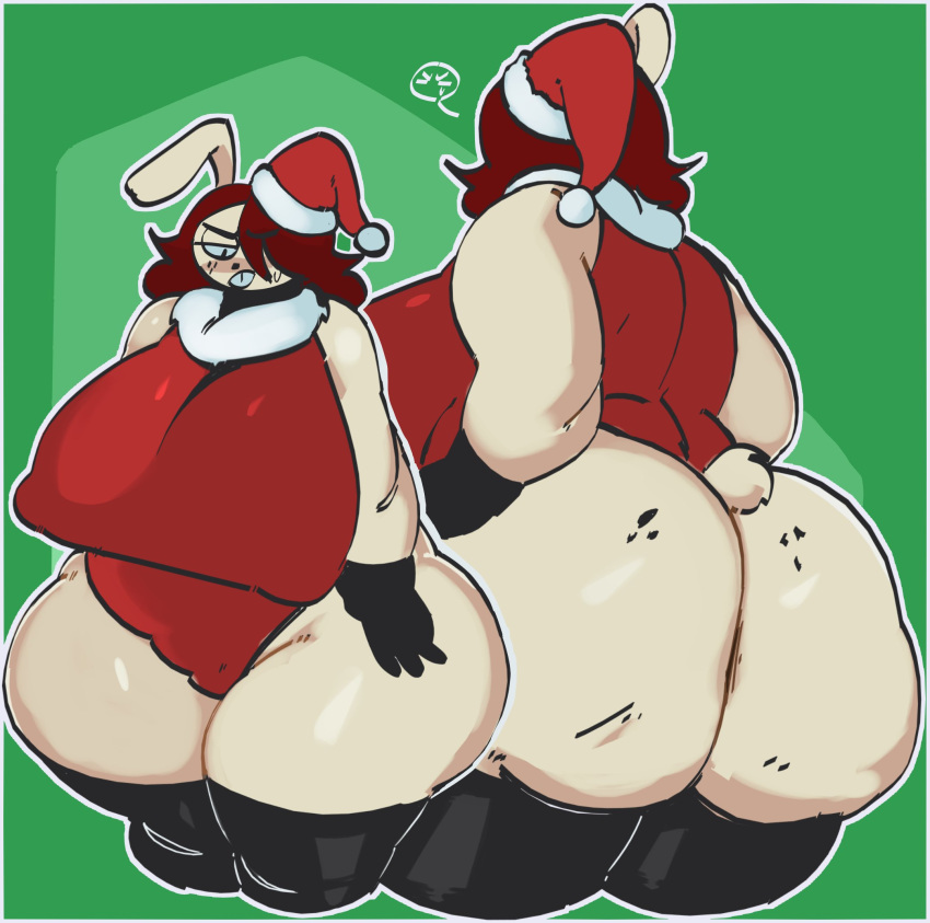 1girls 2021 anthro ass big_ass big_breasts breasts christmas chubby chubby_female chubbybunns clothing female female_only freckles front_view gloves hat huge_ass huge_breasts leotard looking_down meg_(chubbybunns) rabbit rear_view red_hair santa_hat solo thick_thighs wide_hips