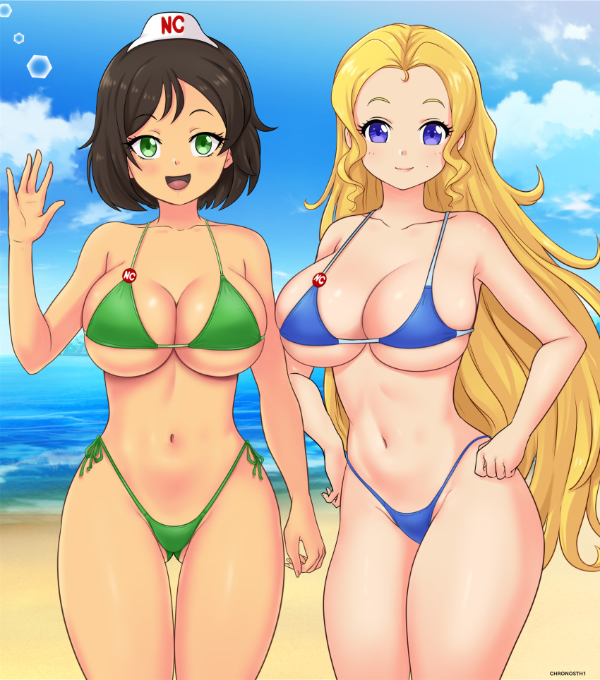 2girls beach bikini blonde_hair blue_bikini breasts brown_hair chronosth1 green_bikini gummslime honchan large_breasts mole nchans stachan