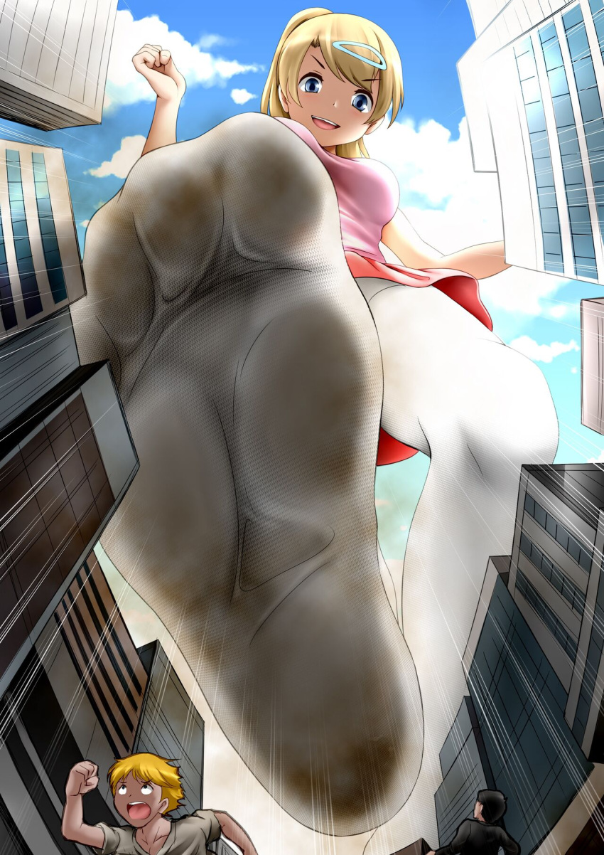 1girls 2boys about_to_be_crushed black_hair blonde_hair blue_eyes briefcase cg17 city clothed clothing clouds crushing detailed_background digital_media_(artwork) dirty_socks female female_focus foot_focus footwear giantess giga_giantess impending_doom long_hair male original original_character panties ponytail short_hair skirt sky socks tank_top thighhighs