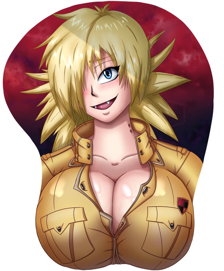 acceptabledumbass big_breasts blonde_hair blush boob_mousepad cleavage color fangs hellsing hellsing_ultimate military_uniform mousepad open_clothes oppai_mouse_pad seras_victoria uniform vampire