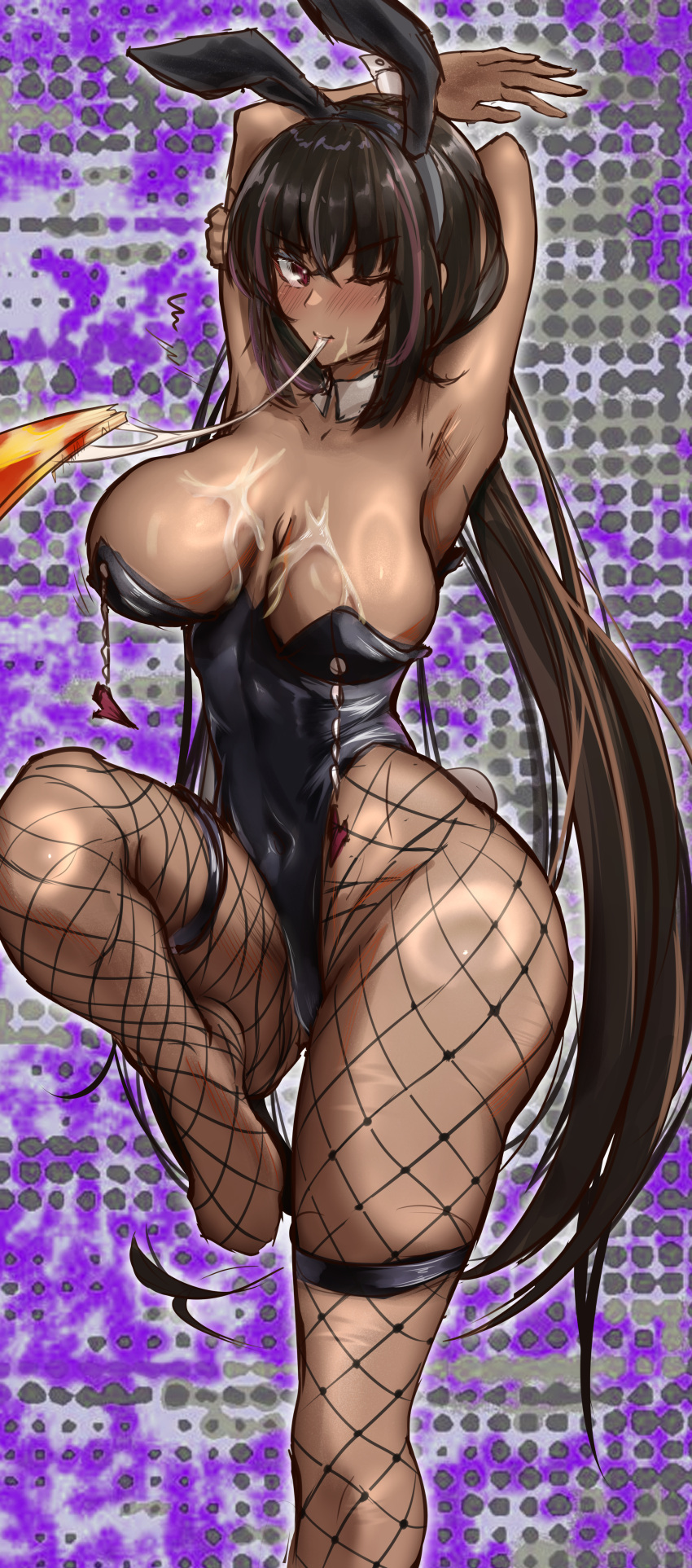 1girls absurd_res animal_ears armpits arms_up bangs black_hair black_hair_ornament black_hairband black_leotard blue_archive blush breasts bunny_ears cheese_trail cleavage closed_mouth clothing covered_navel dark-skinned_female dark_skin dynamotor fake_animal_ears female fishnet_legwear fishnets food hairband hi_res highleg highleg_leotard karin_(blue_archive) karin_(bunny)_(blue_archive) large_breasts leg_up leotard looking_at_viewer official_alternate_costume one_eye_closed pantyhose pizza playboy_bunny ponytail red_eyes smile solo thighs tied_hair wrist_cuffs