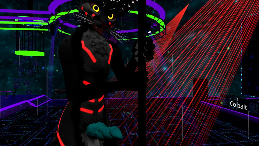 3d animal_genitalia animal_penis balls black_fur blue_penis canine_genitalia canine_penis cyan_penis erection furry furry_only penis red_markings rexouium stripper_pole vrchat vrchat_media yellow_eyes