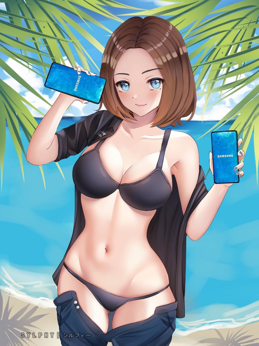 1girls _sylphy beach beauty_mark belly_button bikini blue_eyes bob_cut brown_hair cellphone closed_mouth closed_smile color colored female female_only holding_phone light-skinned light-skinned_female light_skin mole mole_under_eye mouth_closed outdoors phone phones samsung samsung_sam smile solo swimsuit unbuttoned_bottomwear