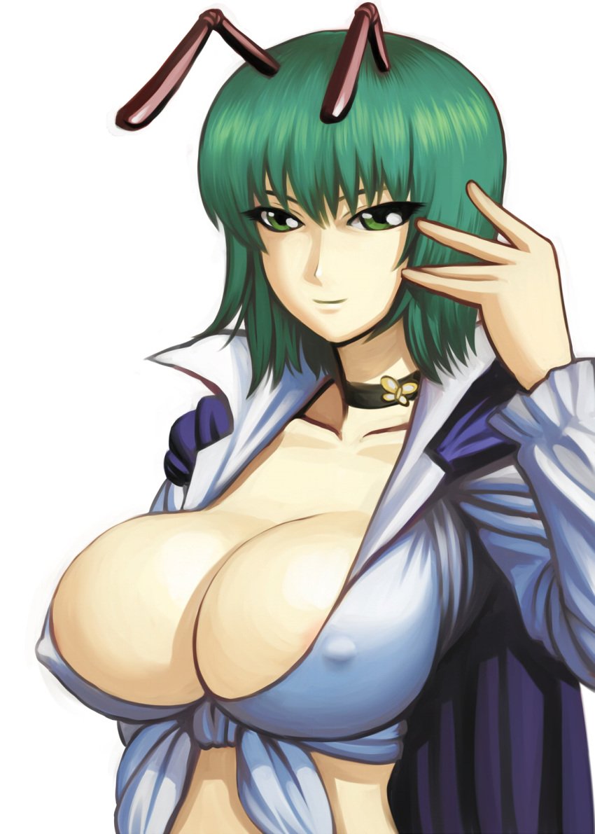 1girls alternate_breast_size antennae big_breasts blush breasts busty cape choker cleavage covered_erect_nipples female female_focus female_only green_eyes green_hair highres huge_breasts looking_at_viewer matching_hair/eyes okayado older sensual shirt short_hair sleeping smile solo tied_shirt touhou wriggle_nightbug