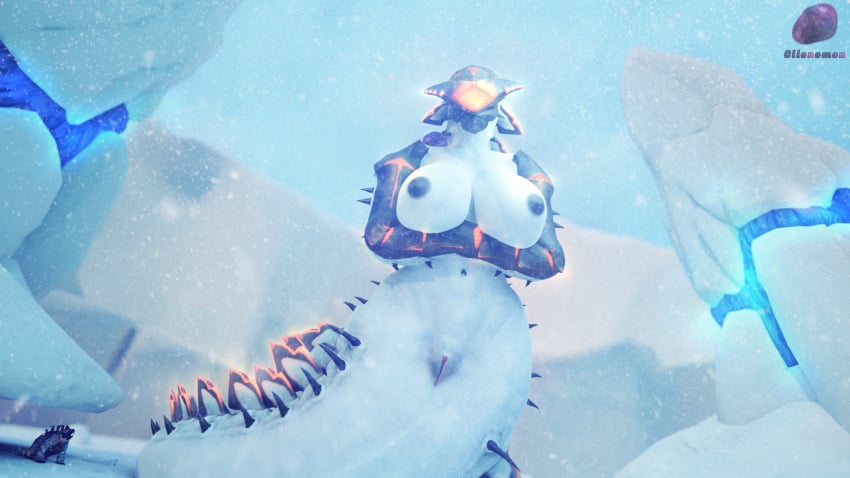 anthro arms_crossed arms_crossed_under_breasts black_nipples blue_skin cilenomon giantess ice_worm_(subnautica) lamia light_blue_skin nude snake_girl snow_stalker subnautica subnautica_below_zero tagme