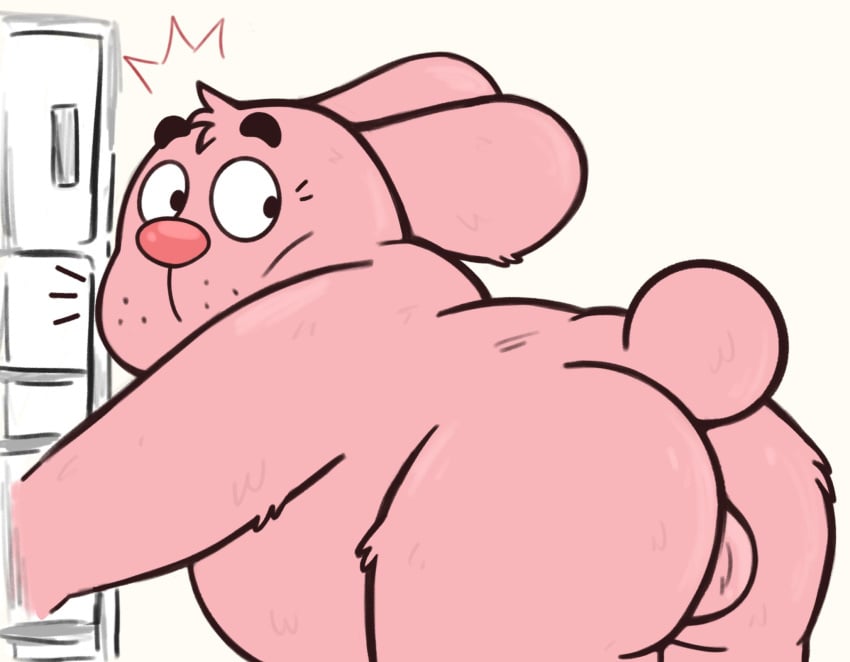 2022 anthro ass backsack balls belly big_belly campfire_donut cartoon_network genitals hi_res lagomorph leporid male male_only mammal overweight overweight_male pink_body rabbit richard_watterson solo surprise the_amazing_world_of_gumball