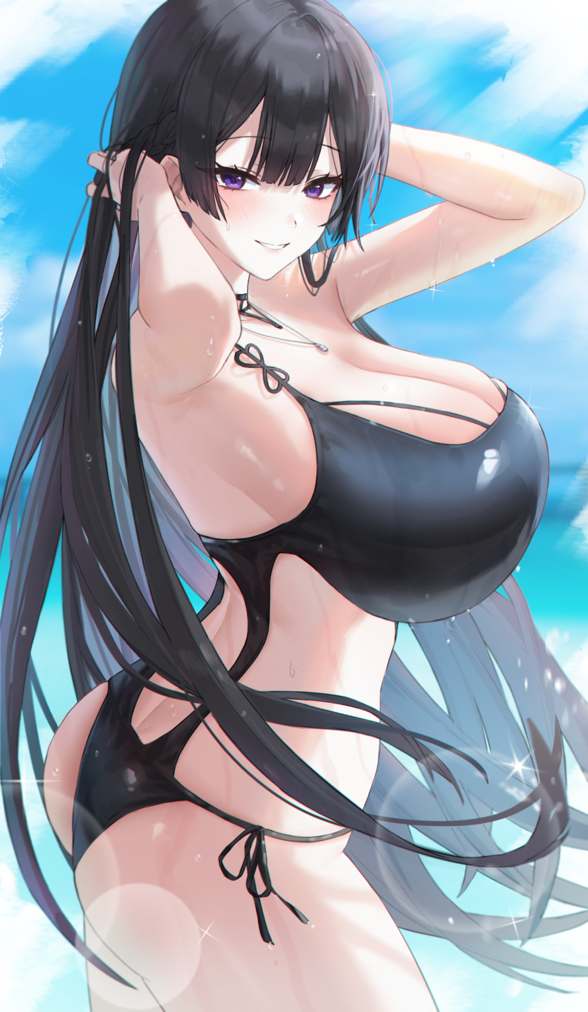 1girls 2022 black_hair blush breasts female female_only hi_res hips huge_breasts long_hair looking_at_viewer massive_breasts merumeko naughty_face original original_character outdoors purple_eyes sideboob slim_waist smile suggestive_look swimsuit thick_thighs thighs wet wet_body wide_hips