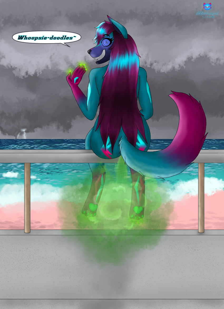 anthro ass beach canid canid_demon d00mhound demon fart fart_fetish female hellhound hi_res mammal nude sea seaside supercell thunderstorm tornado unknown_(disambiguation) water waterspout